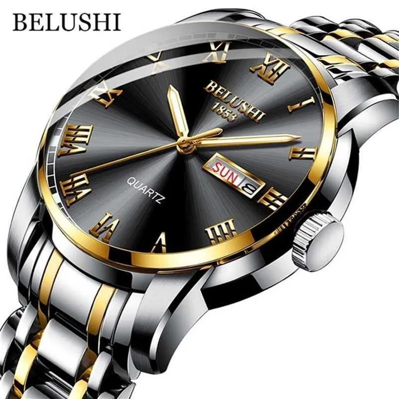 BELUSHI лучший бренд, мужские часы из нержавеющей стали, деловые часы с датой, водонепроницаемые светящиеся es, мужские роскошные спортивные кварцевые наручные часы 220117239I