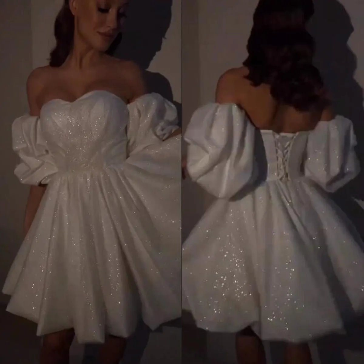 Mode courte une ligne robes de mariée chérie paillettes robe de mariée manches bouffantes robes de mariée de créateur