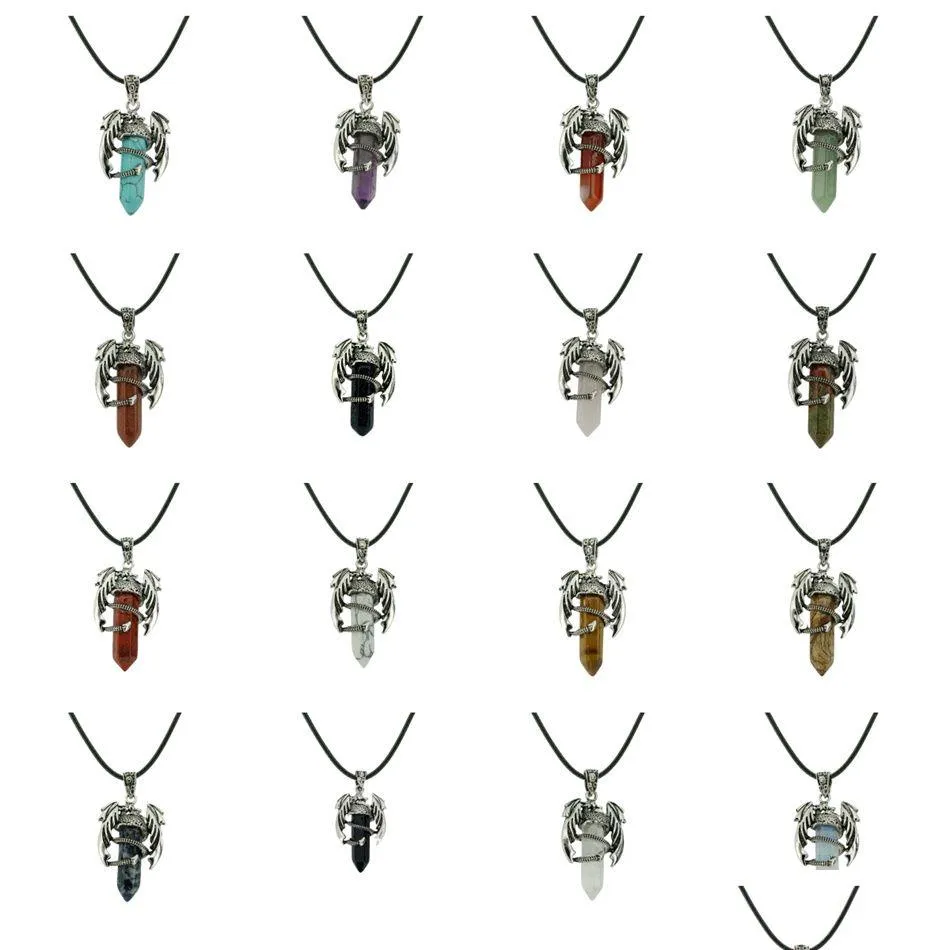 Pendant Necklaces Mens Flying Dragon Necklace Hexagonal Shape Natural Crystal Jewelry Wing Drop Delivery Pendants Dhhc1