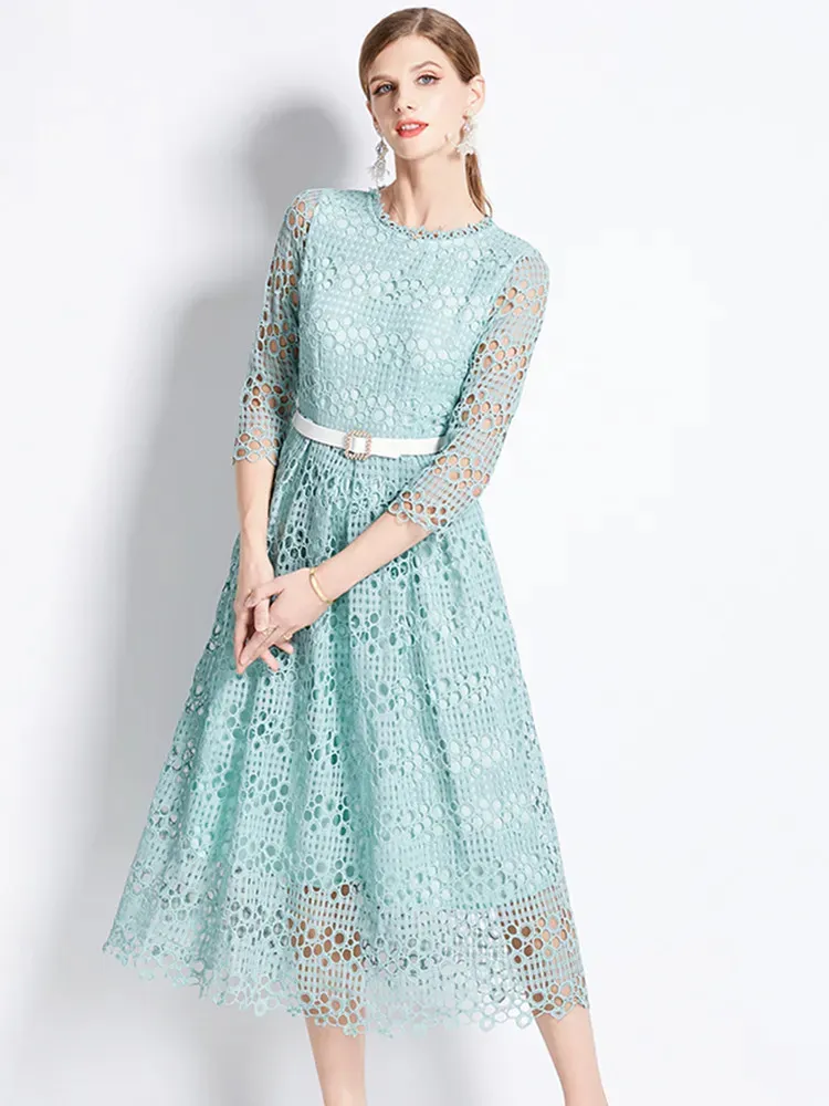 a line dress pattern with lace Athena Self Design Bell Sleeves Lace A-Line Dress – athenalifestyle.com main image 1