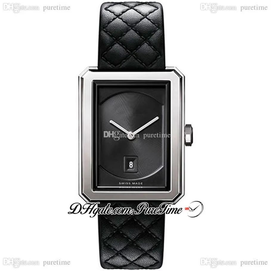 Pojkvän H6585 Swiss Quartz Womens Watch Medium Steel Case Black Guilloche Dial Leather Strap Ladies Watches Puretime F01A1301S