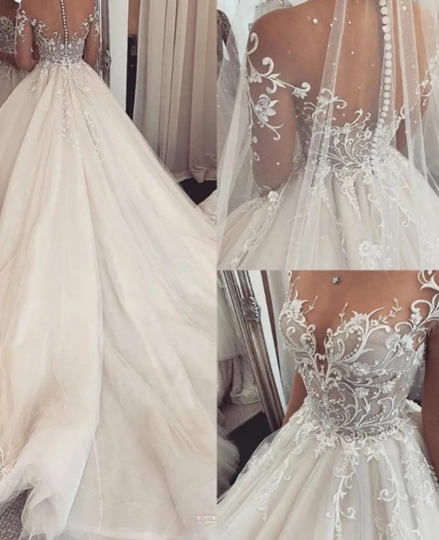 Lace Applique Illusion Long Sleeve Wedding Dress with Button Back ...
