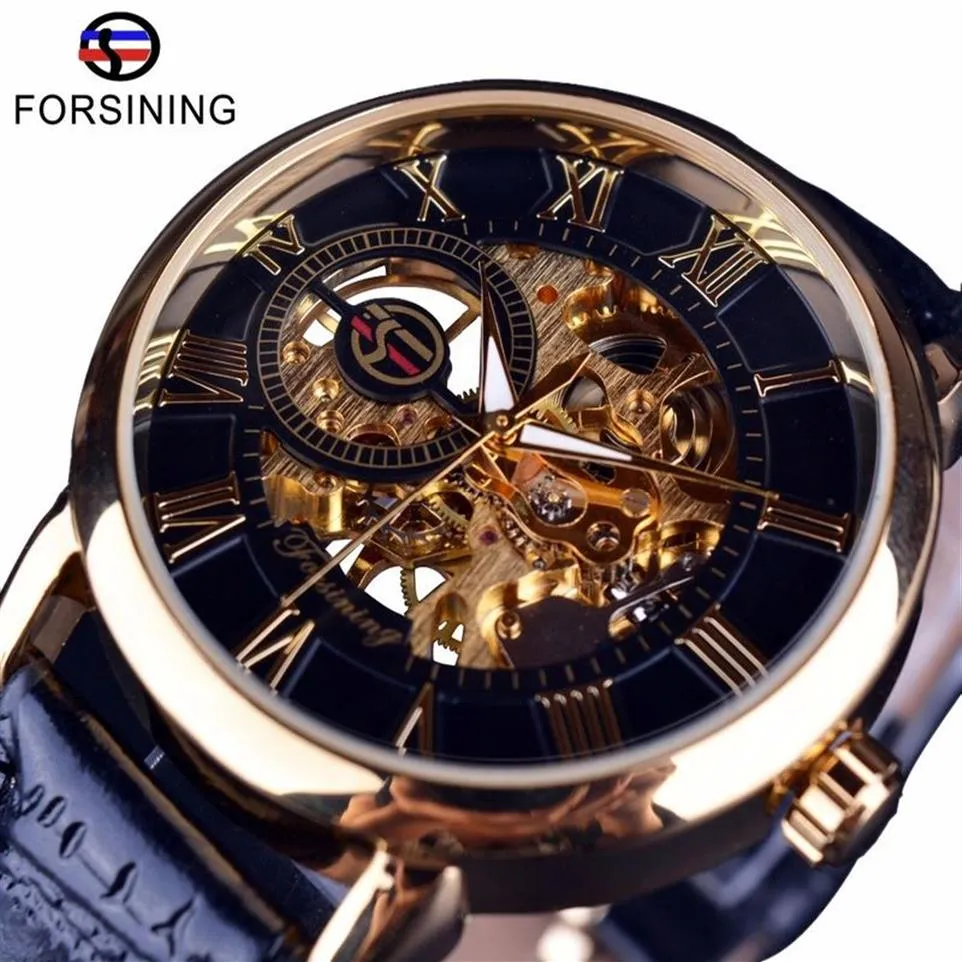 ForSining Men Watches Top Brand Luxury Mechanical Skeleton Watch Black Golden 3D Bokstavlig design Roman nummer Black Dial Clock J190190K