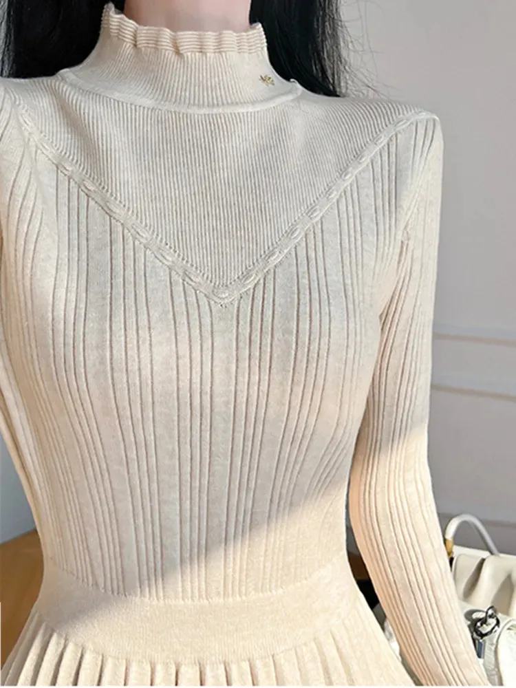公式サイト - ハイブランドの新作が続々登場 DHgate.com:Womens Lace Patchwork Pleated Knitted Sweater ワンピース