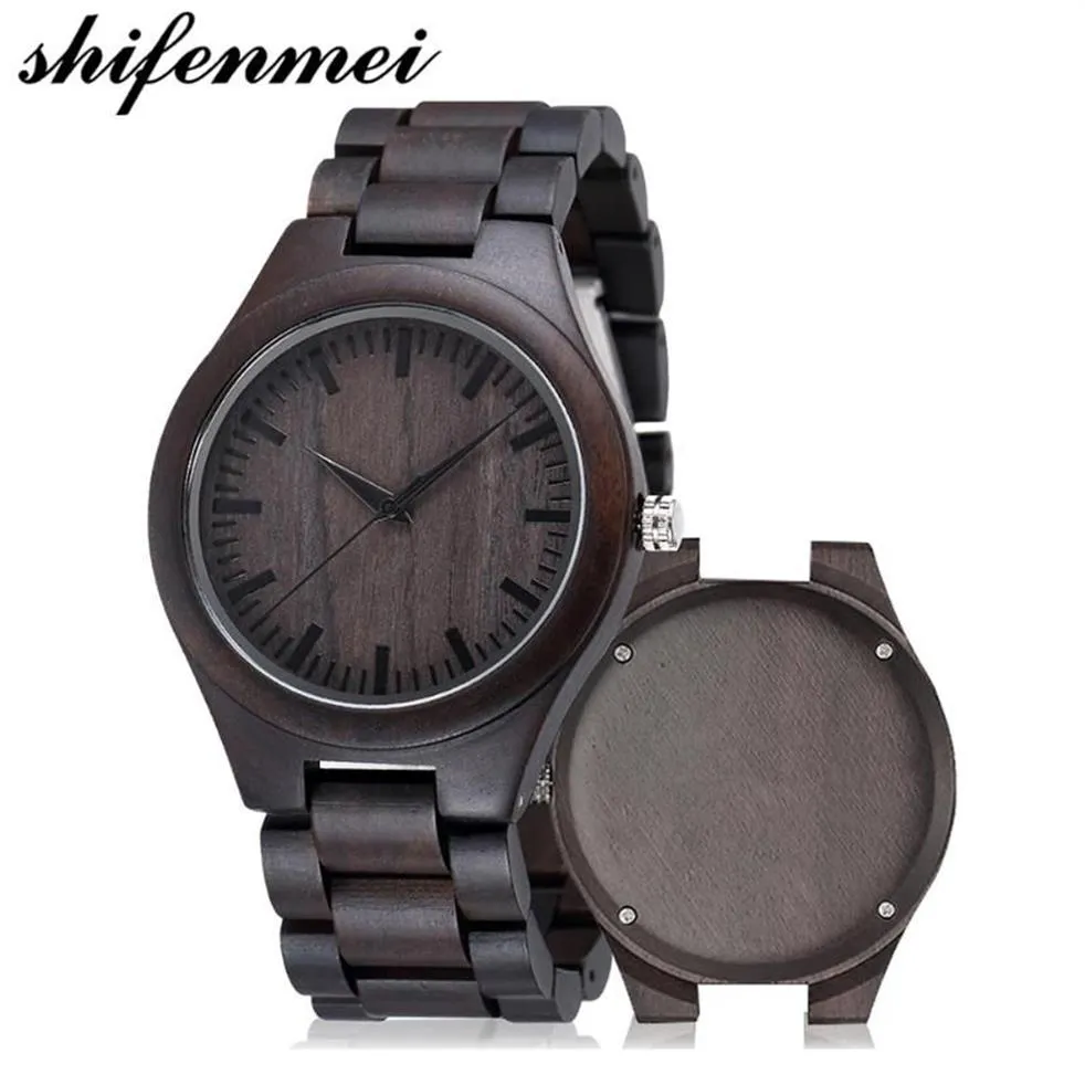 Relógios de pulso Shifenmei 5520 Relógio de madeira gravado para homens namorado ou padrinhos presentes preto sândalo personalizado madeira aniversário g235l