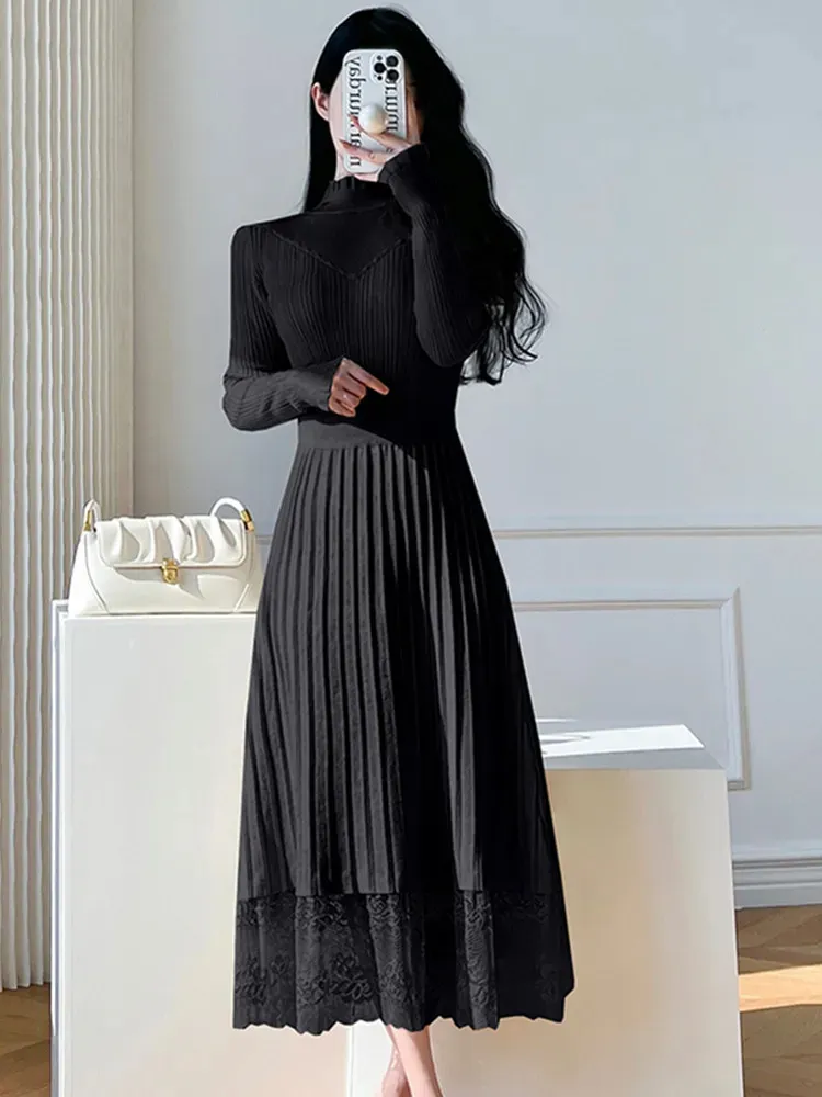 DHgate.com:Womens Lace Patchwork Pleated Knitted Sweater