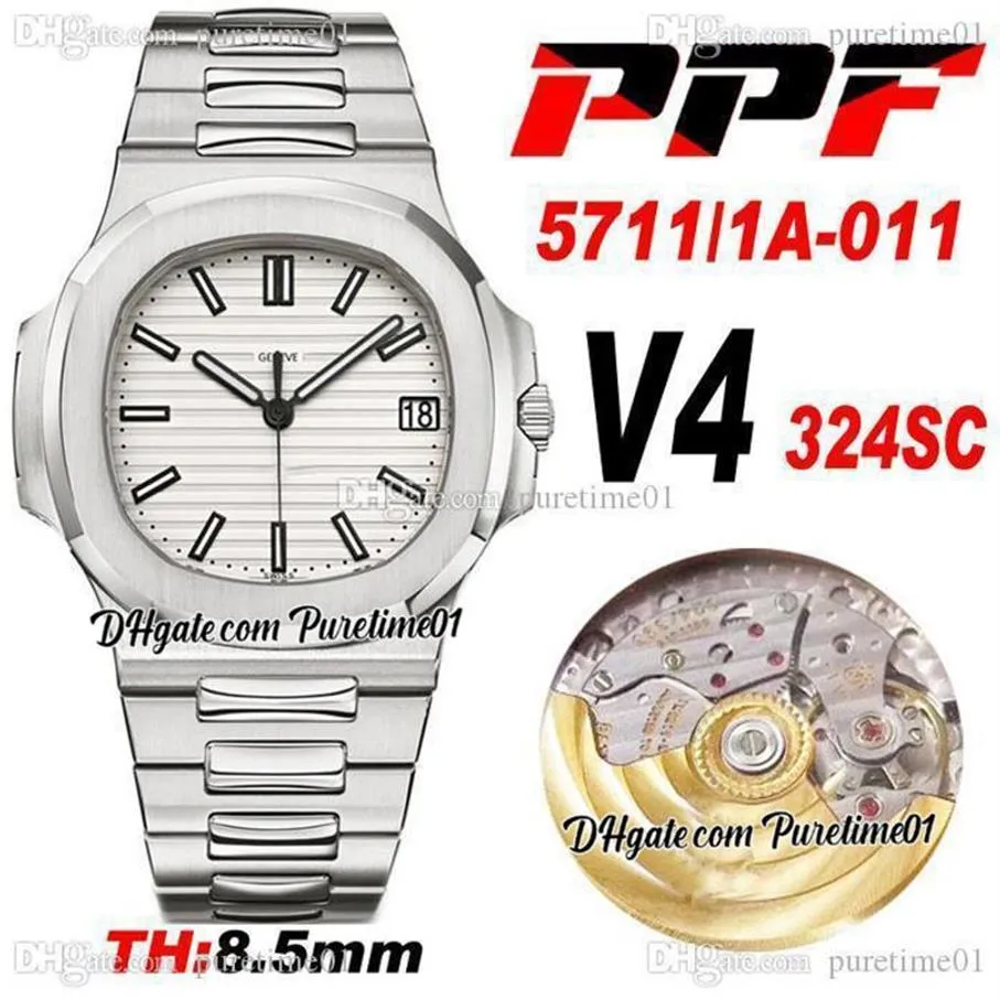 PPF V4 5711-1A-011 A324SC PP324SC Montre automatique pour homme Texture blanche Cadran Marqueurs de bâton Bracelet en acier inoxydable 8 5 mm d'épaisseur S2818