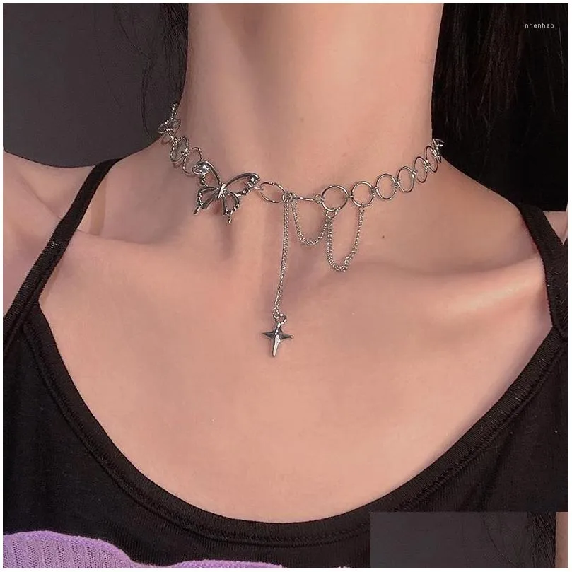 Chokers Choker Titanium Steel Linked Chain Butterfly Cross Necklace For Women Ladies Pendant Halsband 2023 Fashion Jewelry Drop Deliv DHVSP