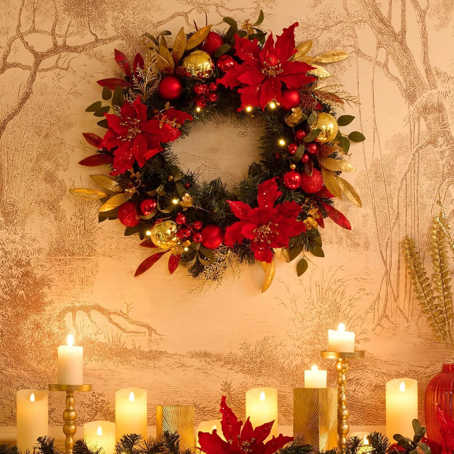 Предварительно освещенный рождественский венок для входной двери с подсветкой, большой освещенный рождественский венок размером 24 дюйма с рождественским шаром из красного золота Poinsettia для камина