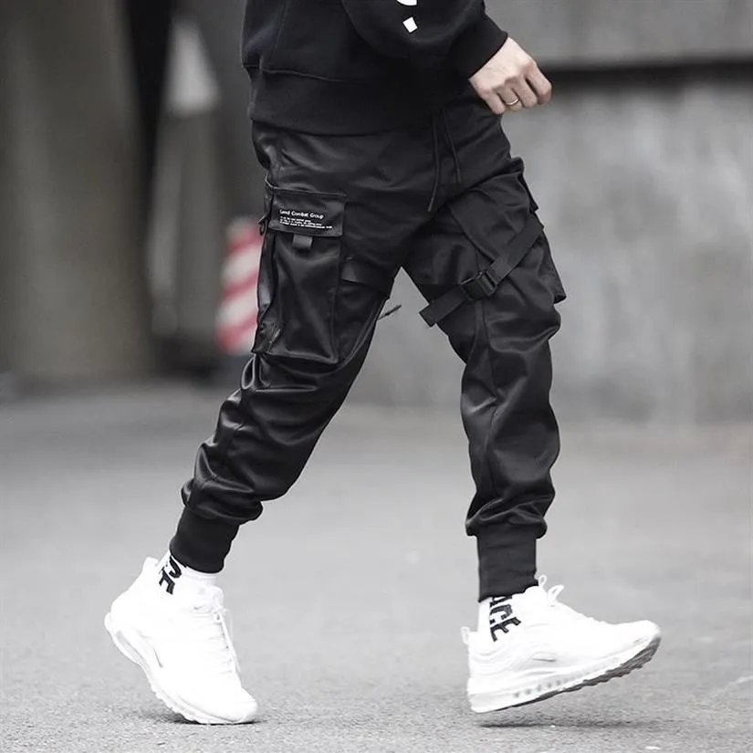 Joggers Mannen Zwart Tactiek Cargo Broek Hip Hop Streetwear Potlood Joggingbroek Lintzak Broek Elastische Taille HG094 Men's316a