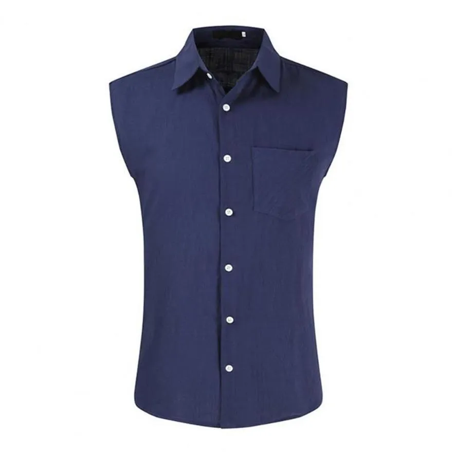 Chemise d'été pour hommes, boutons de couleur unie, col rabattu, sans manches, chemises à revers décontractées, grande taille pour sortir ensemble, 229J