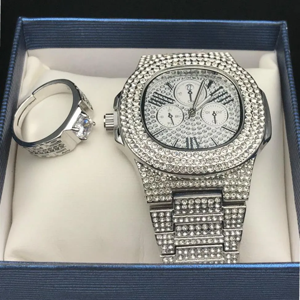 Men Hip Hop Iced Out Diamond Watch Ring Combo Set Diamond Ajustement Ring Rock Rock Rock Men Jewelry Street Dance Fashion304b