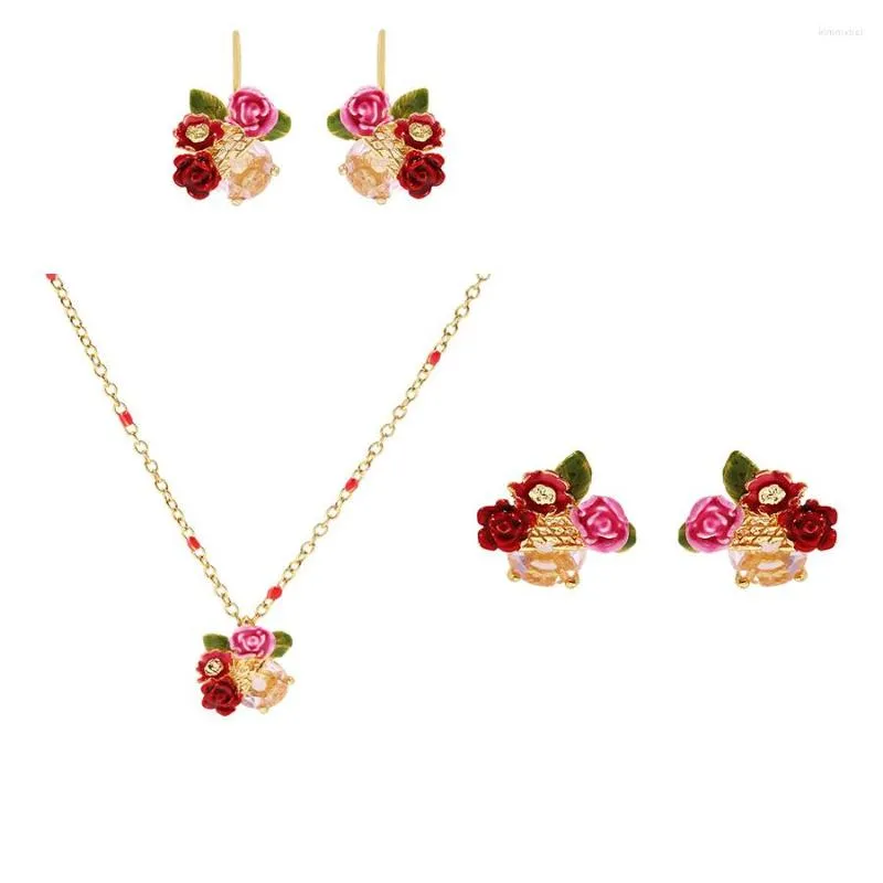 Chaînes Émail Rose Rosette Boucles D'oreilles Collier