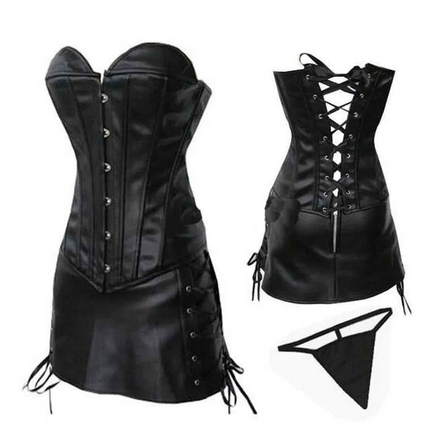 PLUS TAGLIA Moda Donna Clubwear Corsetto Abito Completo Sexy PVC Pelle Overbust Bustier Corsetto e Minigonna con lacci laterali S-6XL 158g