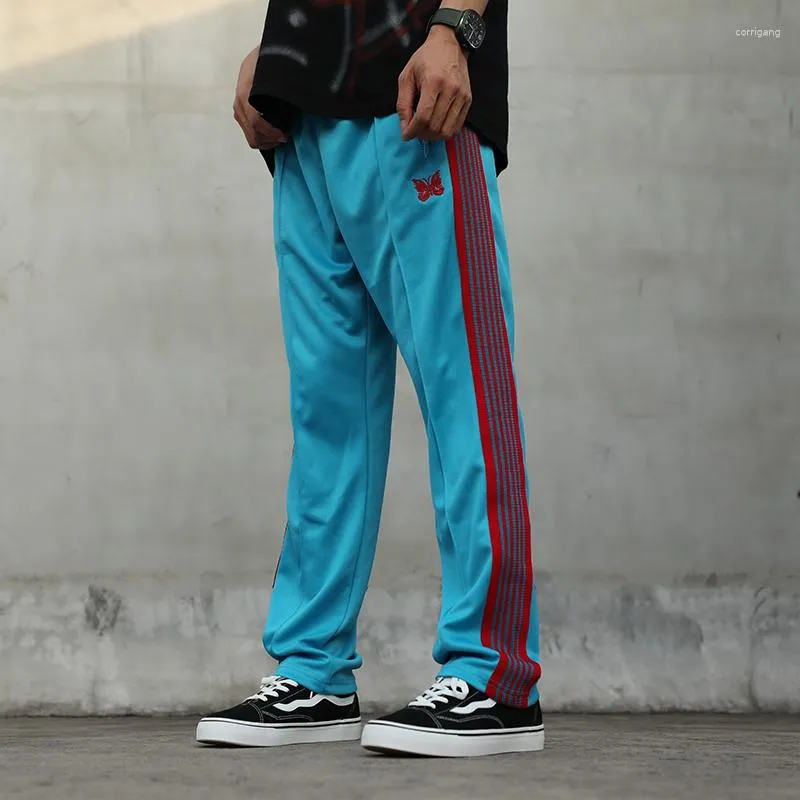 Men's Pants NEEDLES Arrival Trousers Butterfly Embroidery Red Webbing Track Stripe Zipper Oversize Men Women Blue Tag Sweatpants