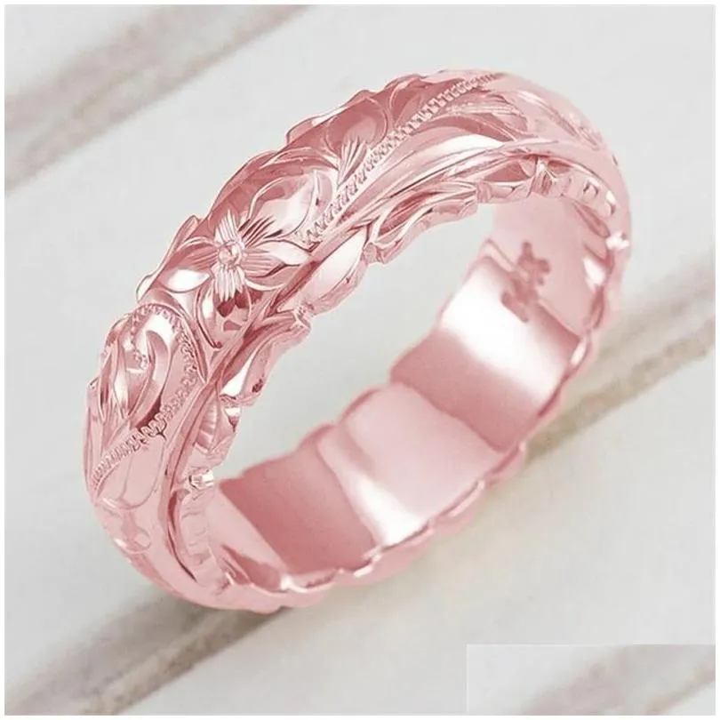 Anneaux Mode Rose Gold Sier Couleur Bague Femelle Vintage Sculpture Fleur Pour Femmes Bijoux De Luxe De Mariée Fiançailles Drop Livraison Dharc