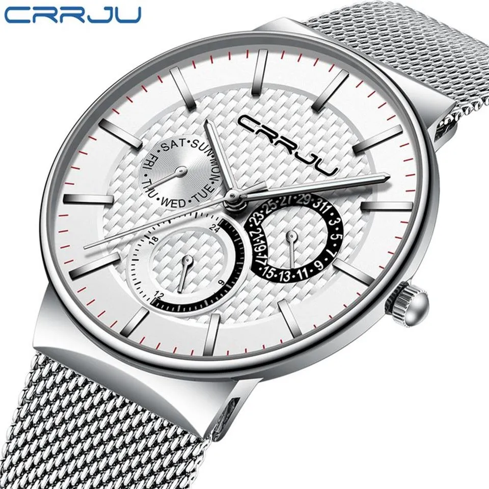 Relógios masculinos crrju topo marca de luxo à prova dwaterproof água ultra fino data relógio masculino cinta aço casual relógio quartzo branco esporte relógio pulso l2230