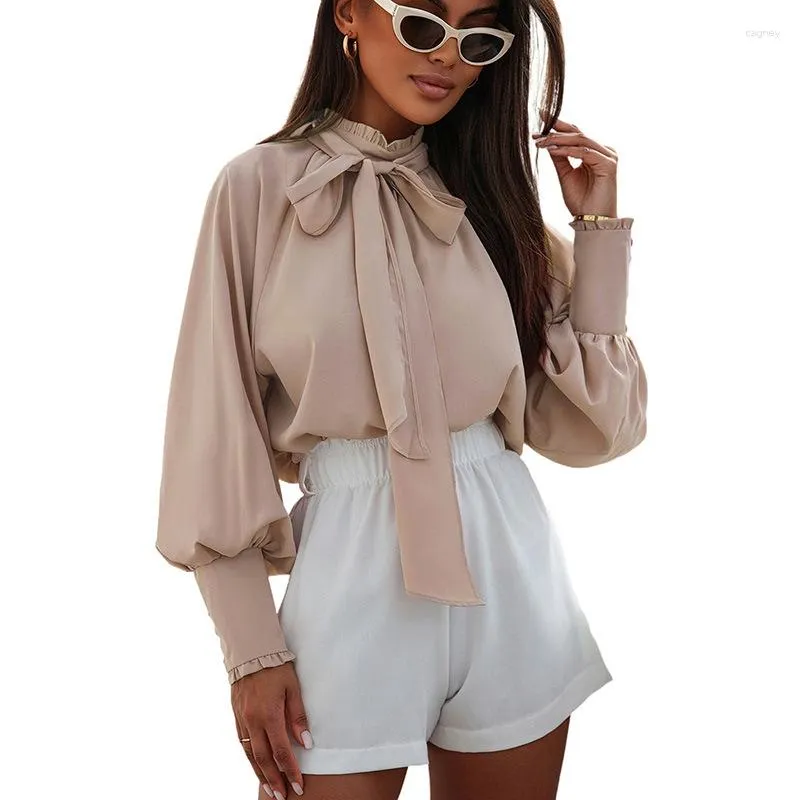 Kvinnors blusar Autumn Solid Color Stand Collar Long Sleeve Top Women Thin Bow Chiffon Shirt