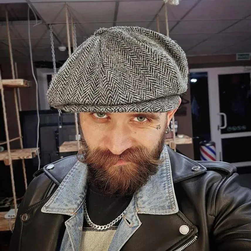 Wool Newsboy Caps Men Herringbone Flat Gatsby Cap wełniany golf z kapeluszami w stylu Vintage Hat Winter Peaky Blinders280d