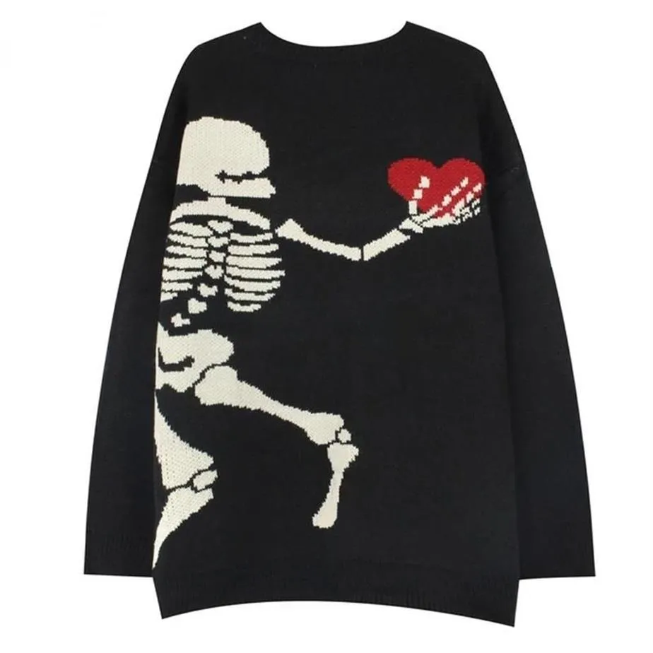 Men's Sweaters Skeleton Knitted Sweater Men Women Hip Hop Oversized Retro Bone Heart Pullover Winter Warm Street Harajuku Sof282g