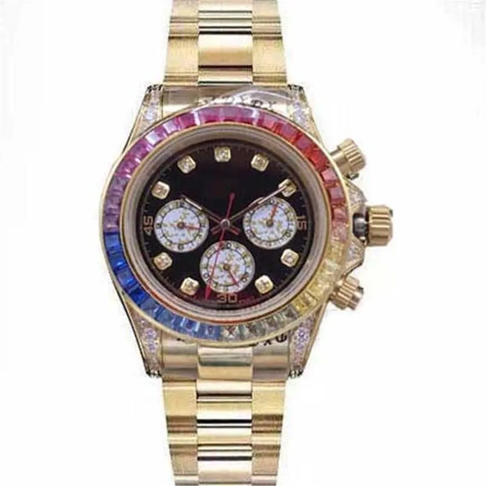 Alta calidad 18k oro para hombre relojes para mujer 40 mm Diamantes de colores Bisel Movimiento automático Barrido Reloj mecánico Acero inoxidable wr318q