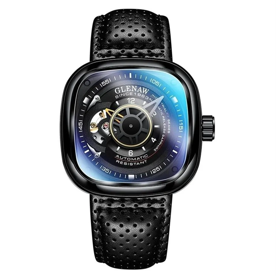 Glenaw Design Brand Men Hollow Automatyczne czarne mechaniczne zegarek GMT Top Brand Relij Hombre Watches Waterproof 210407287L