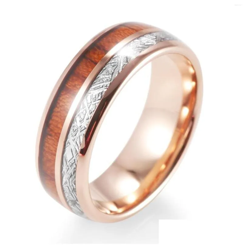 Cluster Rings Meteorite And Koa Wood Double Inlay Rose Gold Tungsten Ring 8Mm Comfort Fit Band Men Womens Anniversary Drop Delivery Je Dhzas