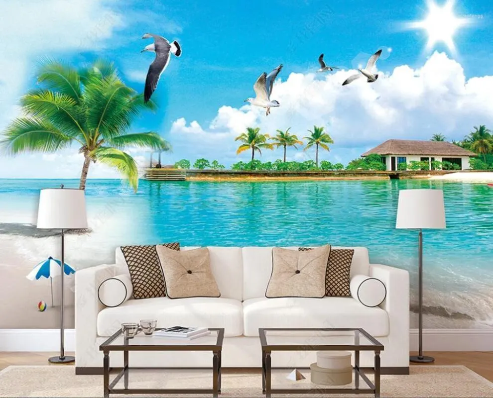 خلفيات 3D PO مخصصة جدارية رومانسية Seascape جوز الهند شجرة Seagull المناظر الطبيعية غرفة نوم المنزل خلفية الجدران للجدران