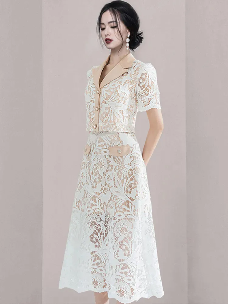 Save Big on Bulk Two Piece Dress Sets Two Piece Dress Summer New Luxury  Runway Style Lapel Short Sleeve Top Two Piece Set For Women Lace Hollow Out 