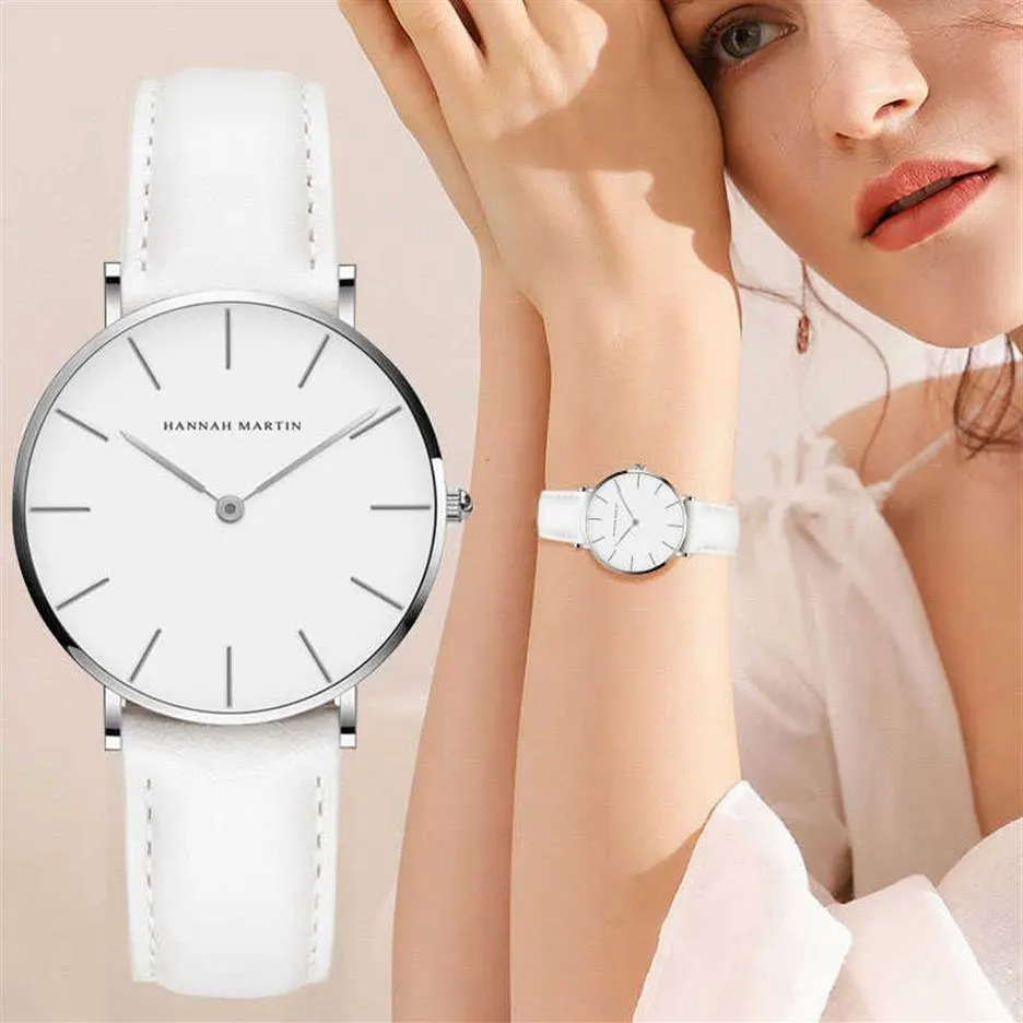 Hannah Martin Casual Ladies Watch avec bracelet en cuir étanche Femmes Watchs Silver Quartz Tire de poigne