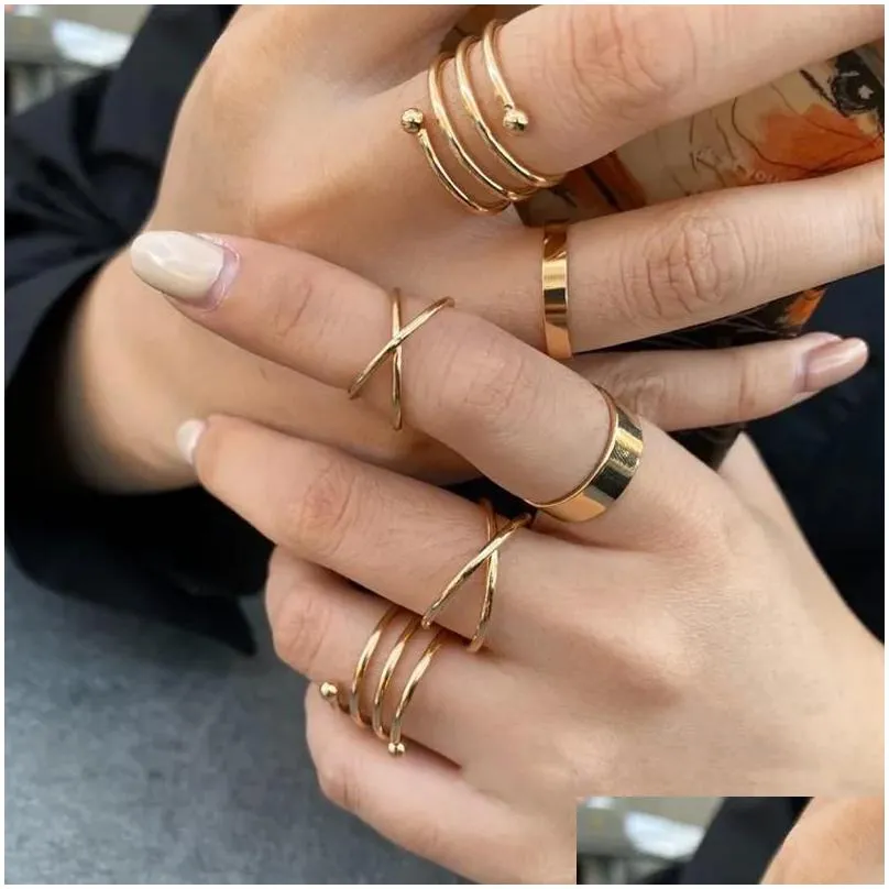 Anillos de racimo 6 unids color oro redondo hueco conjunto geométrico para mujeres moda dedo cruz giro anillo abierto conjunto joyería femenina gota deli dhi0n