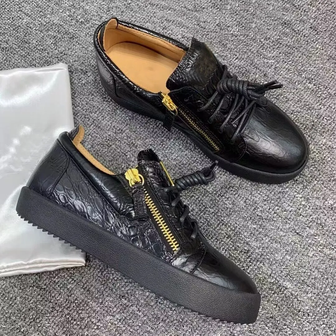 Designer Sneakers Men Traine Black Patent Leather Gold Side Zip Sneakers Men Women Metal Square Design Flat Shoes Lace-Up Plaid Square Round Toe Casual Shoes