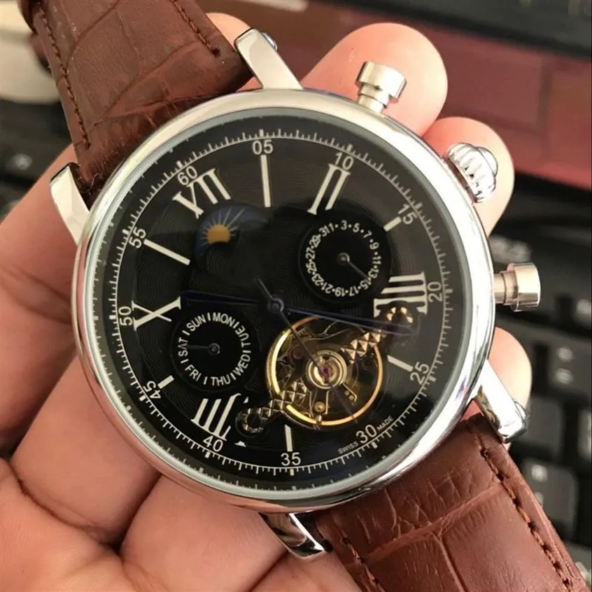 Hochwertige Luxusuhr der Top-Marke Tourbillon, mechanische Automatik-Armbanduhr, braunes Leder, Mondphase, lässig, Militär, Sportuhren, 224 Stunden