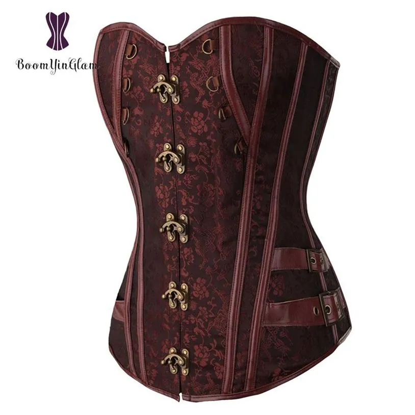 Midjetränare Brocade Steampunk Jacquard Faux Leather Patted Overbust Brown Corset Bustier med kedjor S-6XL 916#2369