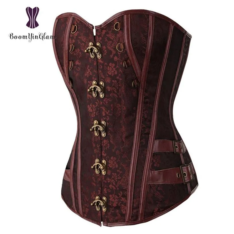 Bel antrenörü brokar steampunk jacquard sahte deri çivili aşırı kahverengi korse büstiyer zincirlerle s-6xl 916#2369