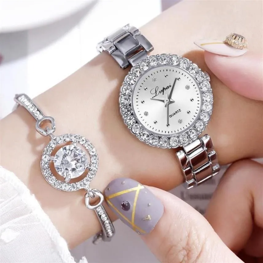 Montres-bracelets Romantique Diamant Femmes Montres Bracelet Ensemble Plein Cristal Argent Ceinture En Acier Montre Femme Cadeau Bracelet De Luxe Miroir Clo216q