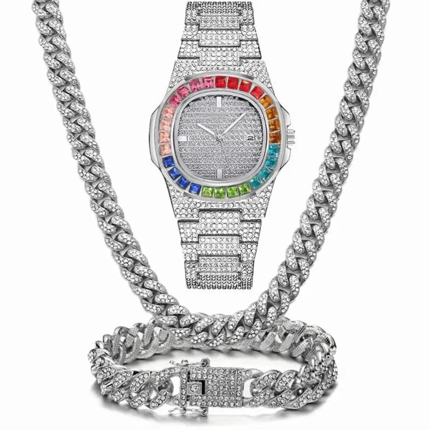 Wristwatches 3 2Pcs Necklace Watch Bracelet Hip Hop Miami Cuban Chain Gold Color Colorful Iced Out Rhinestone Bling Women Men Jewe304Q