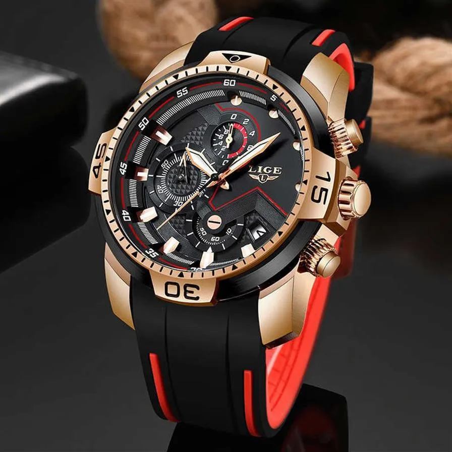 Lige Sport Watch Erkekler En İyi Marka Lüks Kronograf Silikon Kayış Kuvars Erkekler Su Geçirmez Saati Relogio Maskulino Kutusu 210728254G