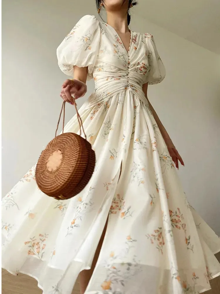 Robes décontractées de base Nouvelle mode perlée robe d'été française pour les femmes sexy col en v bouffée à manches courtes élégant imprimé floral robe longue femme vêtements 2024