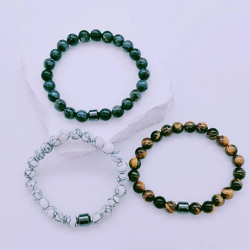 Bracciale classico in ematite cilindrica di moda classica, coppia di braccialetti con perline in pietra naturale da 8 mm, braccialetto per uomo, donna, fascino, gioielli yoga