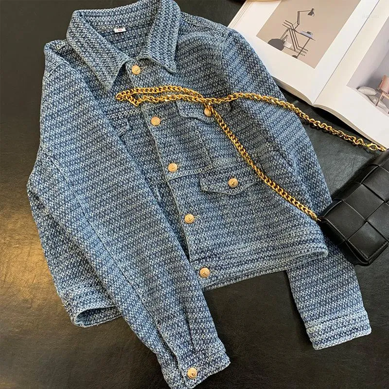 Women's Jackets Women Contrast Color Retro Golden Buttons Short Denim Weave Jacket Spring Autumn Cardigan Streetwear Loose Crop Tops