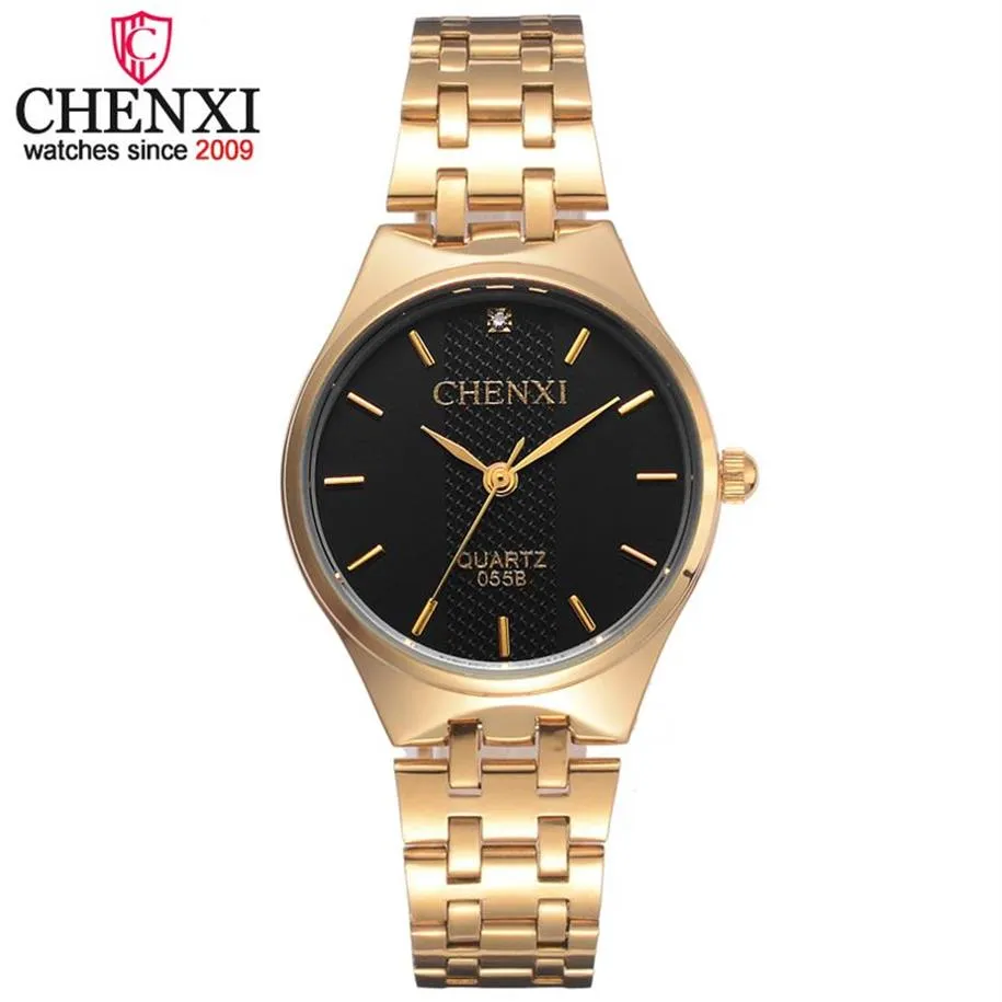 Chenxi marca dourada relógios de quartzo feminino pulseira de aço relógio feminino moda casual relógio de cristal presente pulso watch334b