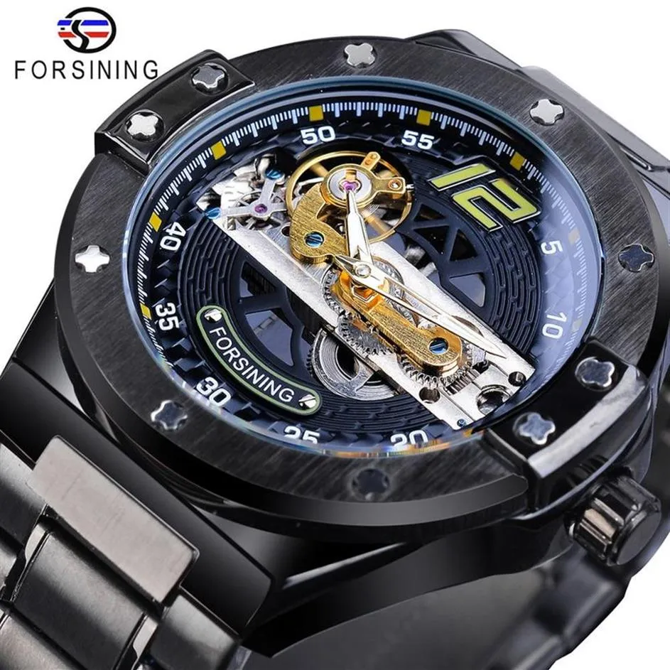 ForSining Classic Bridge Mechanical Watch Men Black Automatic Transparent Gear Full Steel Band Racing Man Sport Watches Relogio2755