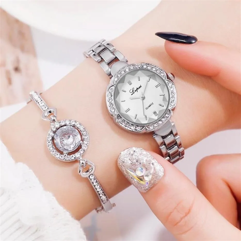 Orologi da polso Set da 2 pezzi Orologio da donna in argento con strass Bracciale gioielli da donna femminile ora casual al quarzo Drop286B