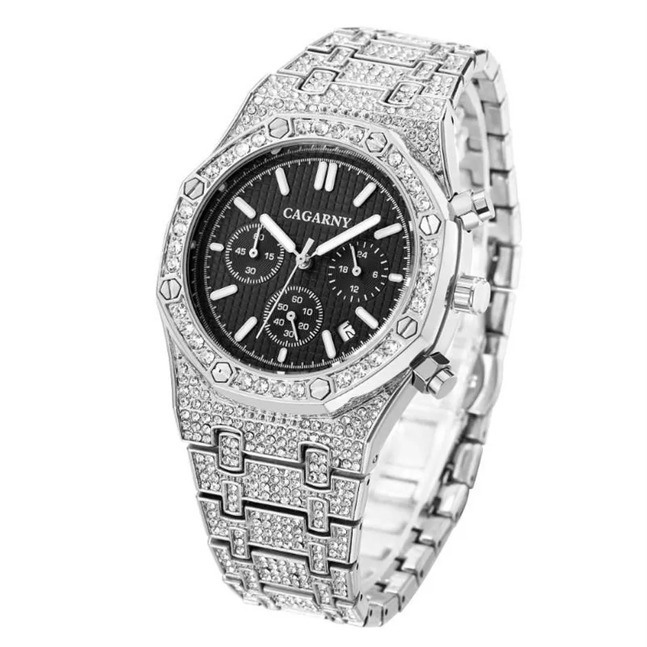 Cagarny relógio masculino com diamantes completos, hip hop, gelado, quartzo, relógio de pulso, prata, à prova d'água, cronógrafo, re360q