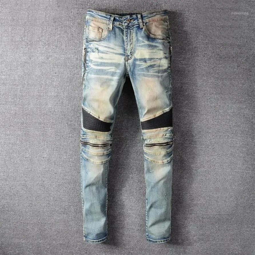 Jeans da uomo 2021 Vintage Punk Impiombato Uomini Cerniera Pieghettato Designer Per Motorcyle Blu Streetwear Pantaloni Indossati Pantaloni232G