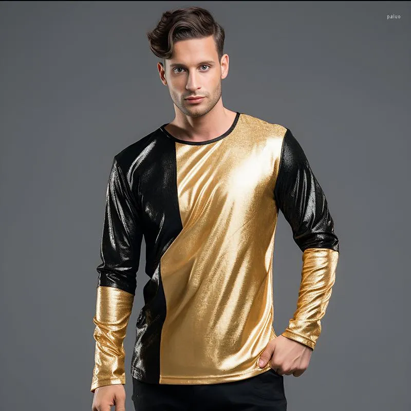 Men's T Shirts 2023 Men Glossy T-shirts Long Sleeve Tops Tees Stand Collar Combination Colour Shirt Tshirts T47