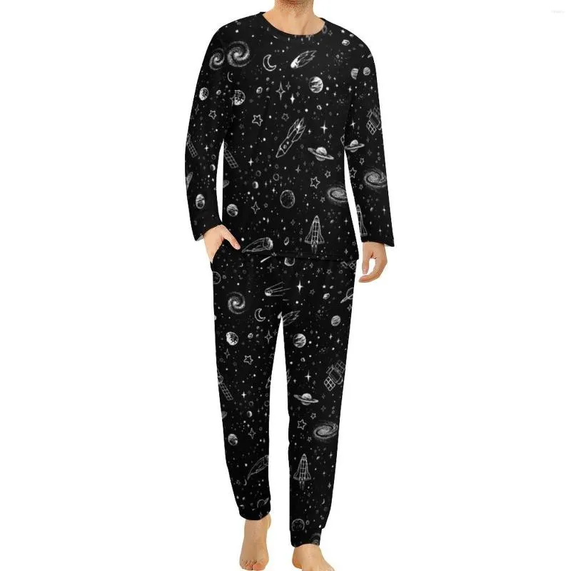 Vêtements de nuit pour hommes Moon Star Pyjamas à manches longues Space Galaxy Universe 2 pièces Ensemble de loisirs Printemps Homme Modèle Mignon Costume de maison surdimensionné