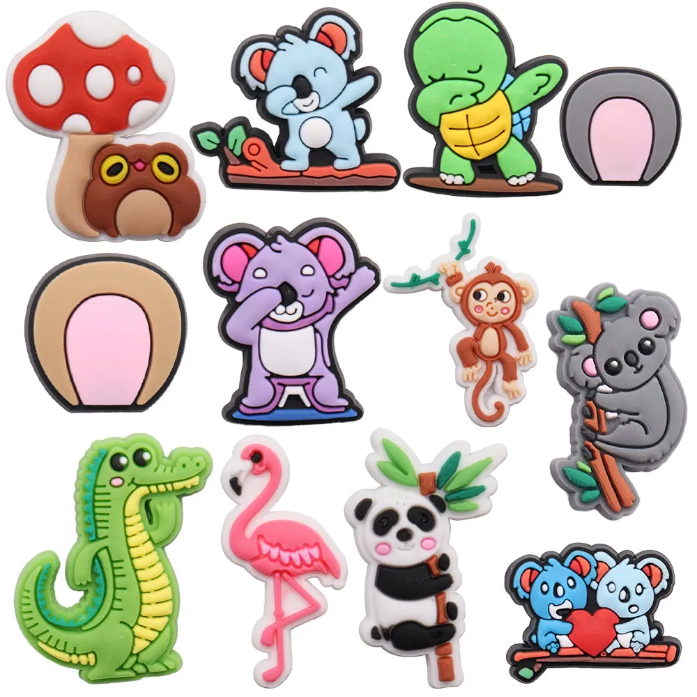 卸売100pcs pvc kawaii ears koala turtle dinosaur flame bird panda monkey mushoomshoe charms decoration