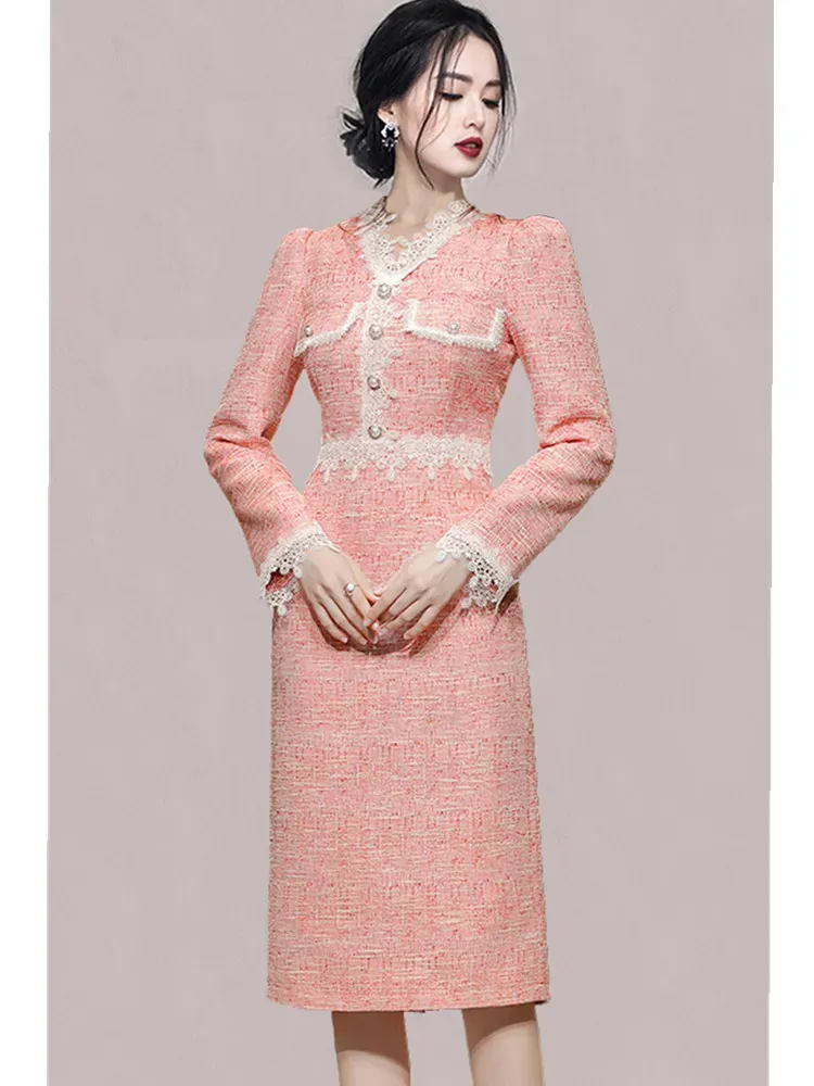DHgate.com:Womens Tweed Dress | Slim Waist Lace Patchwork